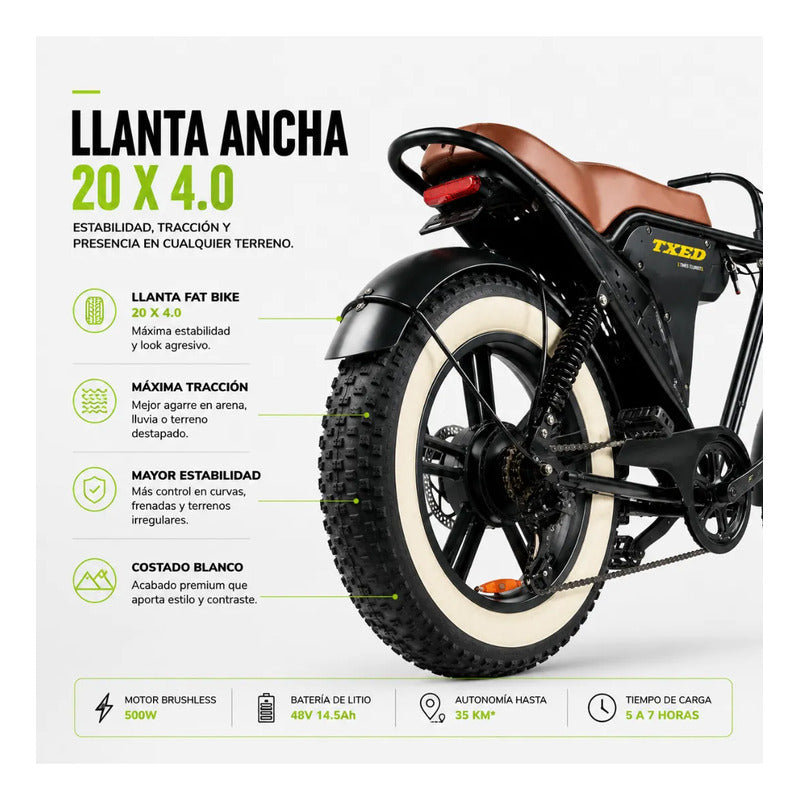 Bicicleta Electrica Tipo Moto Fat Bike 500w 48v 2 Puestos Negro