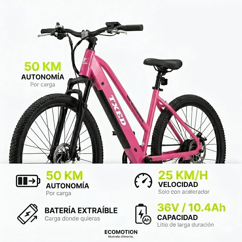 Bicicleta Electrica Mujer Aro 29 250w 36v Frenos Disco Rosa