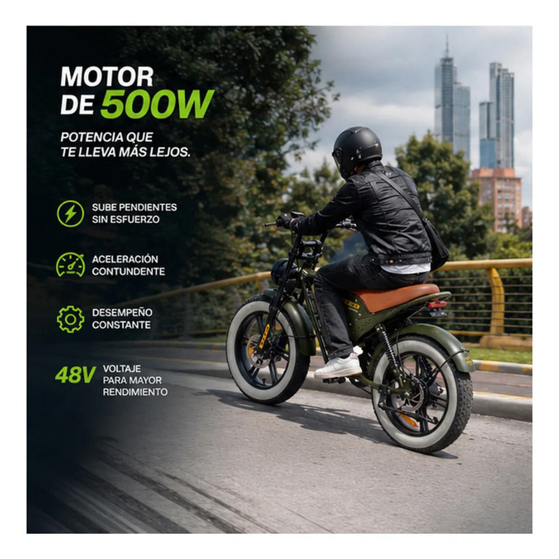 Bicicleta Electrica Tipo Moto Fat Bike 500w 48v 2 Puestos Verde Oscuro M