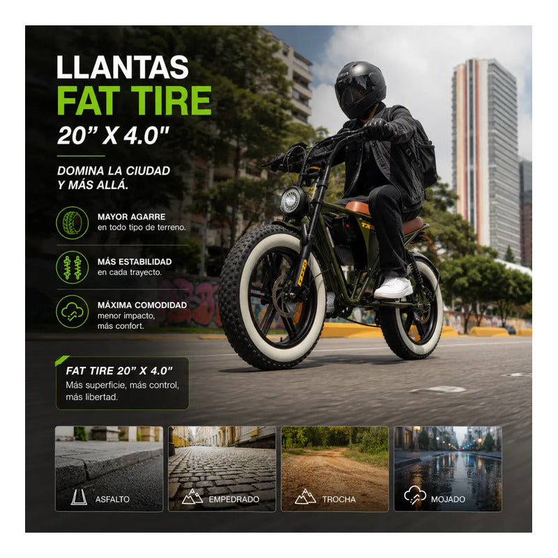 Bicicleta Electrica Tipo Moto Fat Bike 500w 48v 2 Puestos Verde Oscuro M