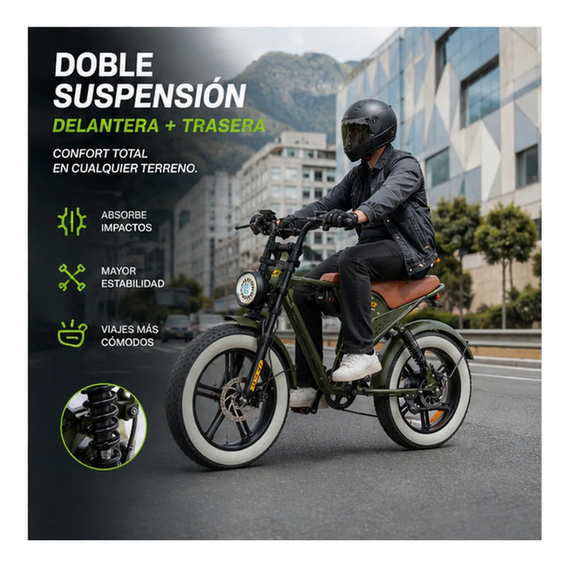 Bicicleta Electrica Tipo Moto Fat Bike 500w 48v 2 Puestos Verde Oscuro M
