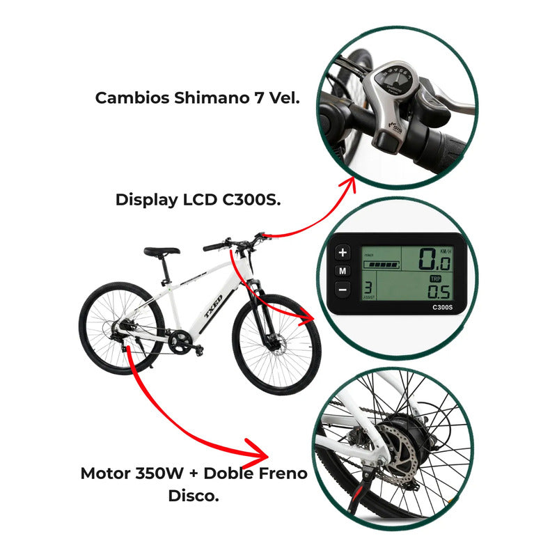 Bicicleta Electrica Aro 29 350w Pico 36v Frenos Disco Hombre Blanco
