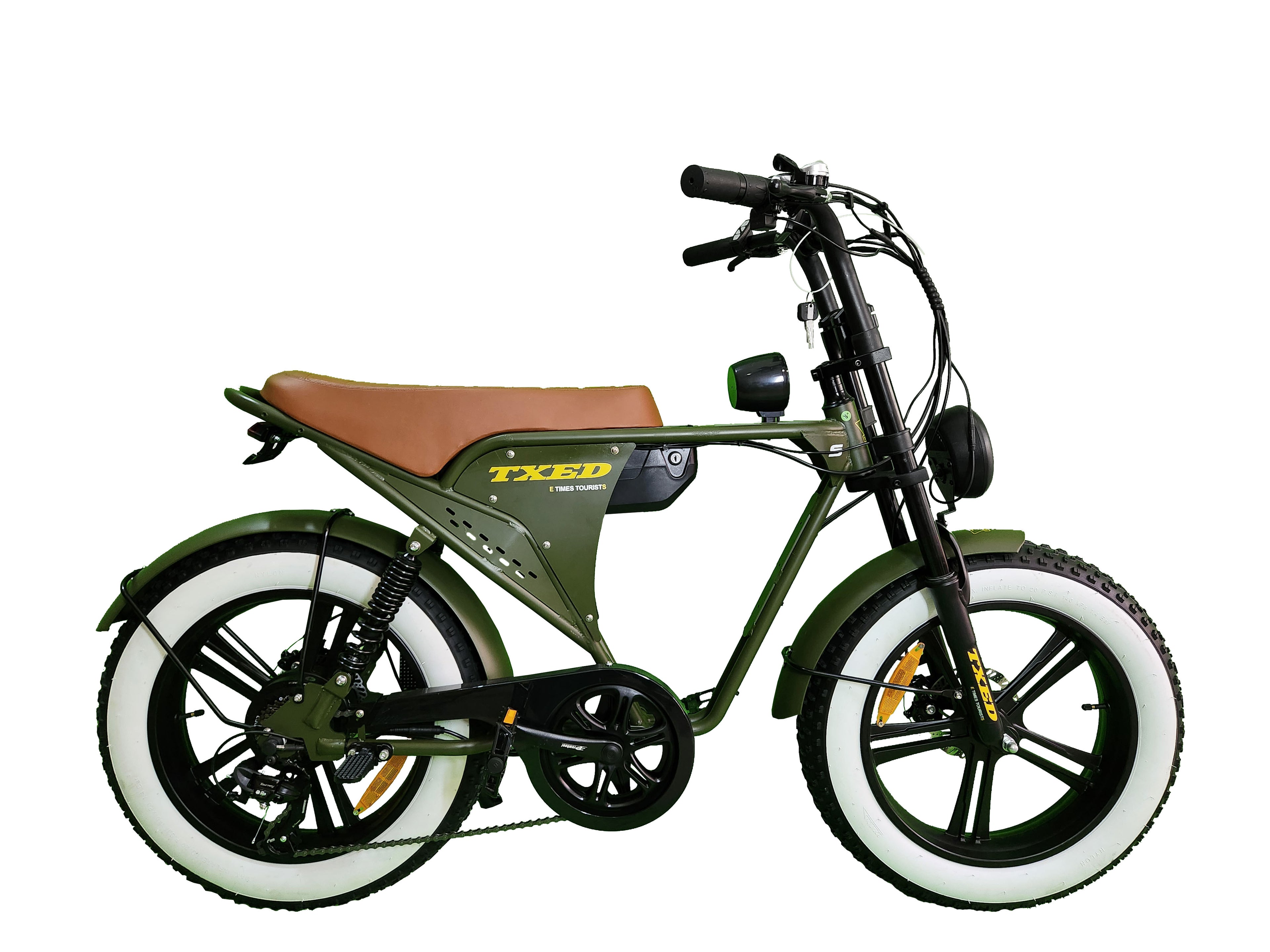 Fat bike eléctrica E Times Tourists color verde — doble suspensión llanta 20x4 Colombia